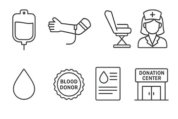 Blood donation icons set featuring nurse and donation center with blood bag and donor badge