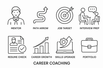 Career coaching icons: mentor, path arrow, job target, interview prep, resume check, career growth, skills upgrade, portfolio
