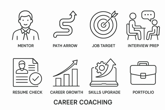 Career coaching icons: mentor, path arrow, job target, interview prep, resume check, career growth, skills upgrade, portfolio
