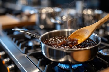 A pot bubbling with syrup on a sleek modern kitchen stove, showcasing the process of cooking and the artistry involved in creating delicious sweet treats at home.