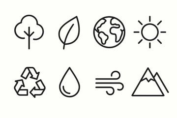 Simple line art icons representing nature and environmental themes
