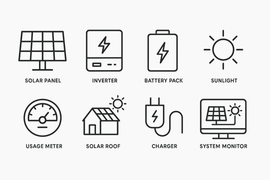 Solar energy icons: panel, inverter, battery, sunlight, charger, monitor