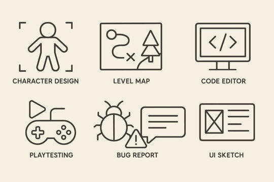 Game development process icons: character design, level map, code editor, playtesting, bug report, ui sketch