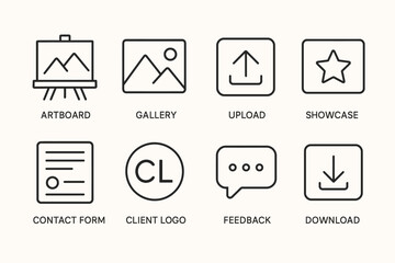 Icon set for artboard, gallery, upload, showcase, contact form, client logo, feedback, download