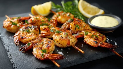 Juicy grilled shrimp skewers with fresh herbs lemon wedges and creamy dipping sauce on dark slate serving platter perfect for seafood meals and outdoor dining