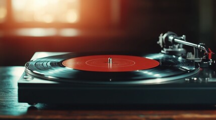 A close-up shot of a vintage vinyl record player, showcasing its elegant design and a bright red record, perfect for music enthusiasts and vintage decor lovers alike.