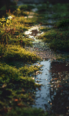 Serene morning light reflecting on puddles amidst vibrant green moss and natural terrain scene outdoors