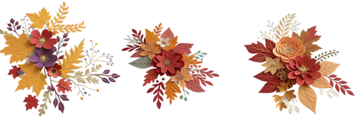Set of paper cut  autumn flowers and leaves design isolated on a transparent background