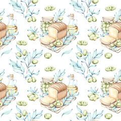 Olives and olive oil seamless pattern background for wallpaper inspired by Italian cuisine with bread green olives and delicate watercolor illustrations