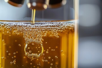 Close-up microscopic view of kombucha fermentation bubbles and symbiotic culture in a petri dish, showcasing probiotic activity and microbial texture