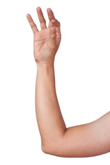 Male asian hand gestures isolated over the white background. Holding small thing.