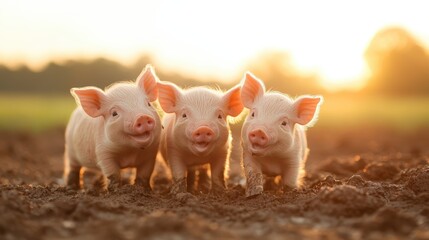 Three cheerful piglets standing together at sunset, captured in a lively moment, showcasing the joys of farm life and the innocence of nature's creatures.