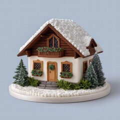 Log cabins for cakes concept. A decorative snow-covered house model with a rustic design and surrounding trees.