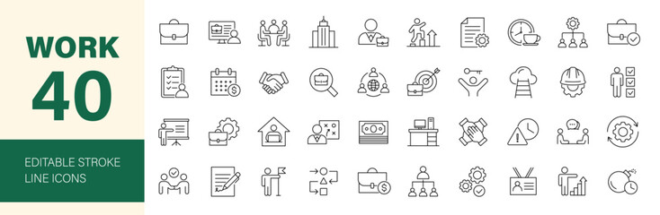 Work icon set. Containing job, office,, career, employment, meeting, organization, teamwork, networking and more. Editable line icons. Vector illustration.