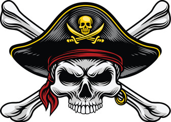 Pirate skull crossbones wearing a tricorn captain hat with crossing bones. In a vintage retro woodcut style.