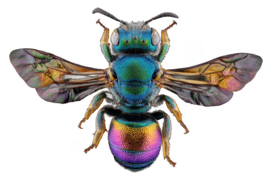 Vibrant iridescent bee macro photography Stunning detail of a metallic green and purple bee