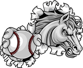 Horse mustang bronco stallion baseball softball angry sports team mascot holding a ball.