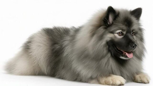 Keeshond dog enjoys its fresh look after leaving the grooming salon with a happy expression and a fluffy coat