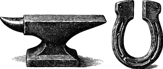 Vintage blacksmith tools illustration featuring anvil and horseshoe for historical design