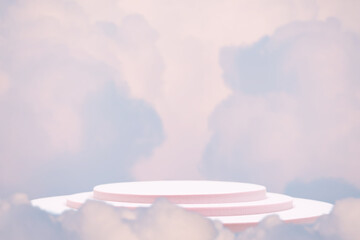 Minimal podium table top in outdoor on blue sky pink cloud background.Beauty cosmetic product placement pedestal modern stand display,surreal paradise dreamy concept.