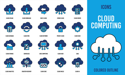 Obraz premium Cloud computing flat icon outline and colored, suitable for storage, network, and tech themes.