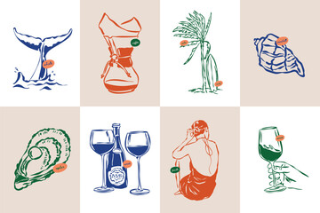 La Dolce Vita doodles. Minimal sketch style travel vector illustration set. Art for postcards, branding, logo design, greeting cards, menu, wedding invitations.