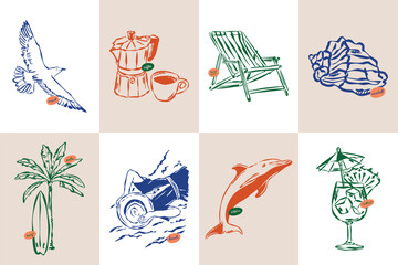 La Dolce Vita doodles. Minimal sketch style travel vector illustration set. Art for postcards, branding, logo design, greeting cards, menu, wedding invitations.