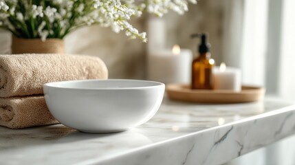 An elegantly styled bathroom set-up includes soft towels, a white bowl, candles, and floral accents, creating a serene and calming atmosphere for self-care.