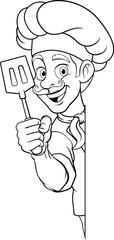 A chef, barbecue cook or baker cartoon food man mascot character holding a spatula and peeking around a sign or menu board with copy space illustration