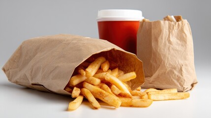 Fresh golden French fries and a beverage in paper wrapping on a plain background for fast food or takeaway meal presentation