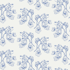 Toile art Floral vector vintage seamless pattern jacaranda tree flowers, blue beige. Hand drawn background for design packaging, textile, wrapping paper, wallpaper, Fashion apparel, wedding Monochrome
