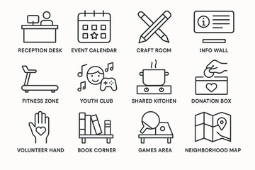 Community center icons: reception, event, craft, info, fitness, youth, kitchen, donation, volunteer, book, game, map