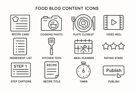 Food blog content icons: recipe, cooking, meal planning, video, ratings