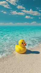 Yellow rubber duck sitting on the sandy beach by the sea