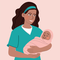 Smiling nurse holding a swaddled newborn baby. Flat style medical illustration showing postnatal care in a hospital setting