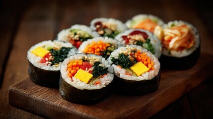 Colorful assorted sushi rolls with various fillings including vegetables and fish on wooden serving board, delicious Japanese cuisine for dining and snack