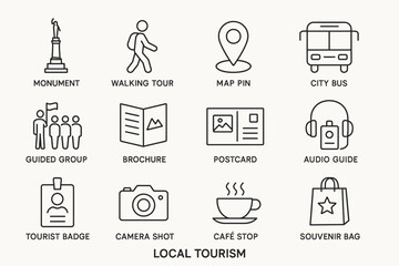 Local tourism elements: monument, walking tour, map pin, city bus, guide, brochure, postcard