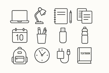 School supplies icons: laptop, lamp, notebook, calendar, backpack, clock, textbook