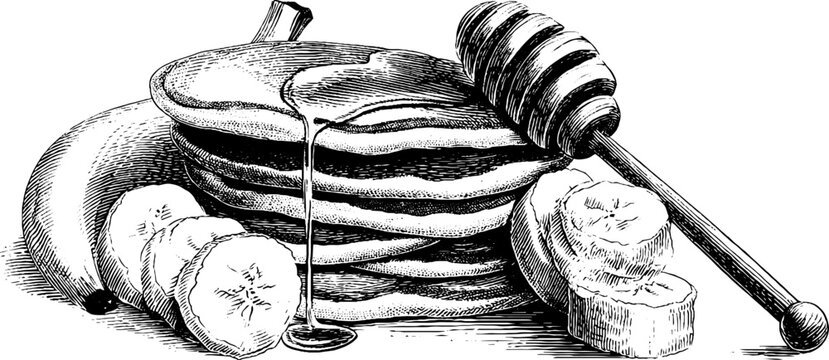 Vintage breakfast delight: pancakes with honey and bananas engraving for culinary design