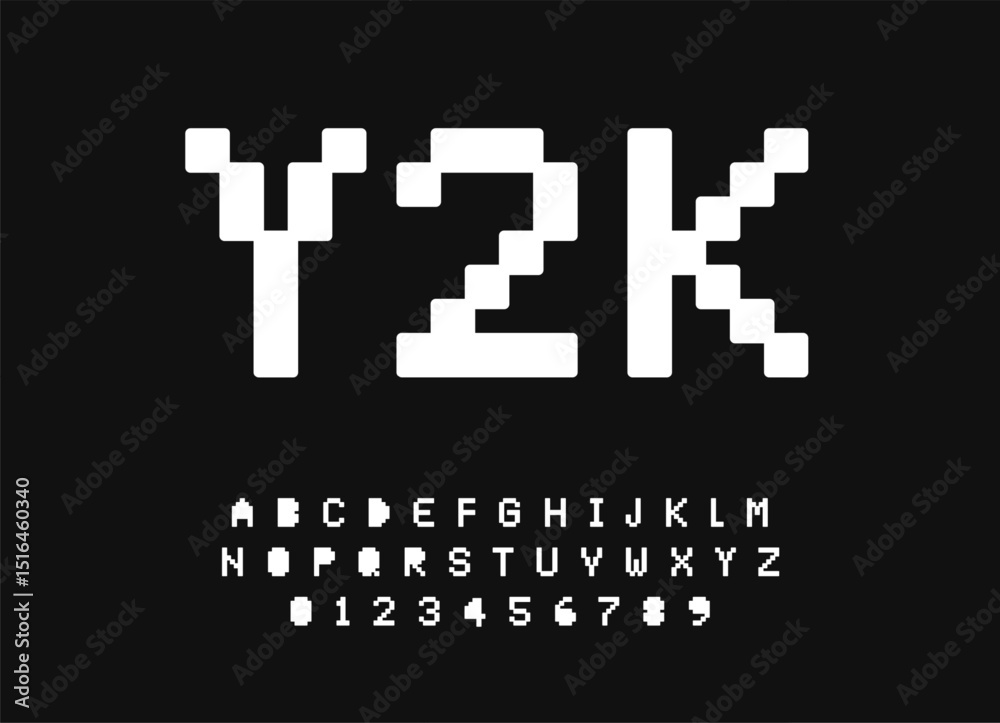 Poster y2k pixel alphabet, bold blocky letters, retro 8bit font for nostalgic branding, arcade headline sty