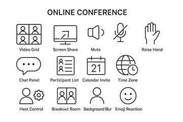 Icons for online video conference features: screen sharing, participant list, emoji reactions