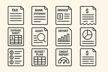Finance documents: tax, bank statement, invoice, expense sheet, audit, report, budget plan, credit report