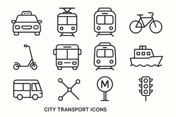City transport icons: car, tram, train, bicycle, scooter, bus, boat, van, metro, traffic light
