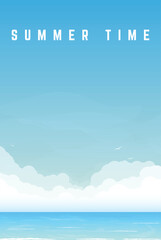 Summer time vacation vertical banner. Concept of ocean, sea vacation and travel. Tropical beach, sea or ocean with waves and big clouds on horizon. Seaside view with birds. Vector illustration.
