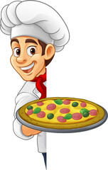 A chef cook holding a pizza cartoon food man mascot character illustration