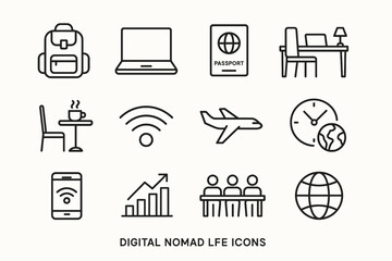 Fototapeta premium Digital nomad life icons: laptop, passport, travel, remote work, wifi