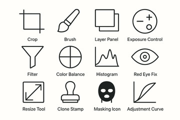 Digital editing tools icons: crop, brush, layers, exposure, filter, balance, histogram, red eye, resize, clone, mask, adjustment