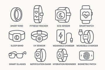 Icon set of wearable technology gadgets for health and fitness monitoring