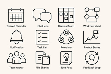 Business icons set: calendar, chat, workflow, notification, task list, roles, feedback