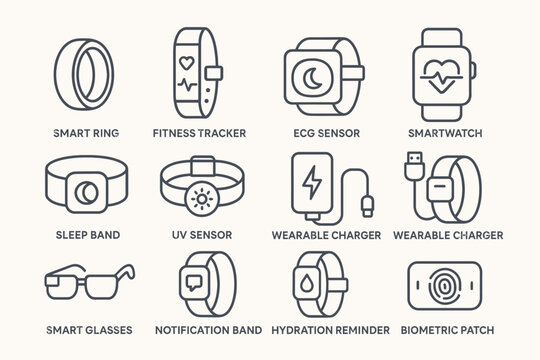 Icon set of wearable technology gadgets for health and fitness monitoring